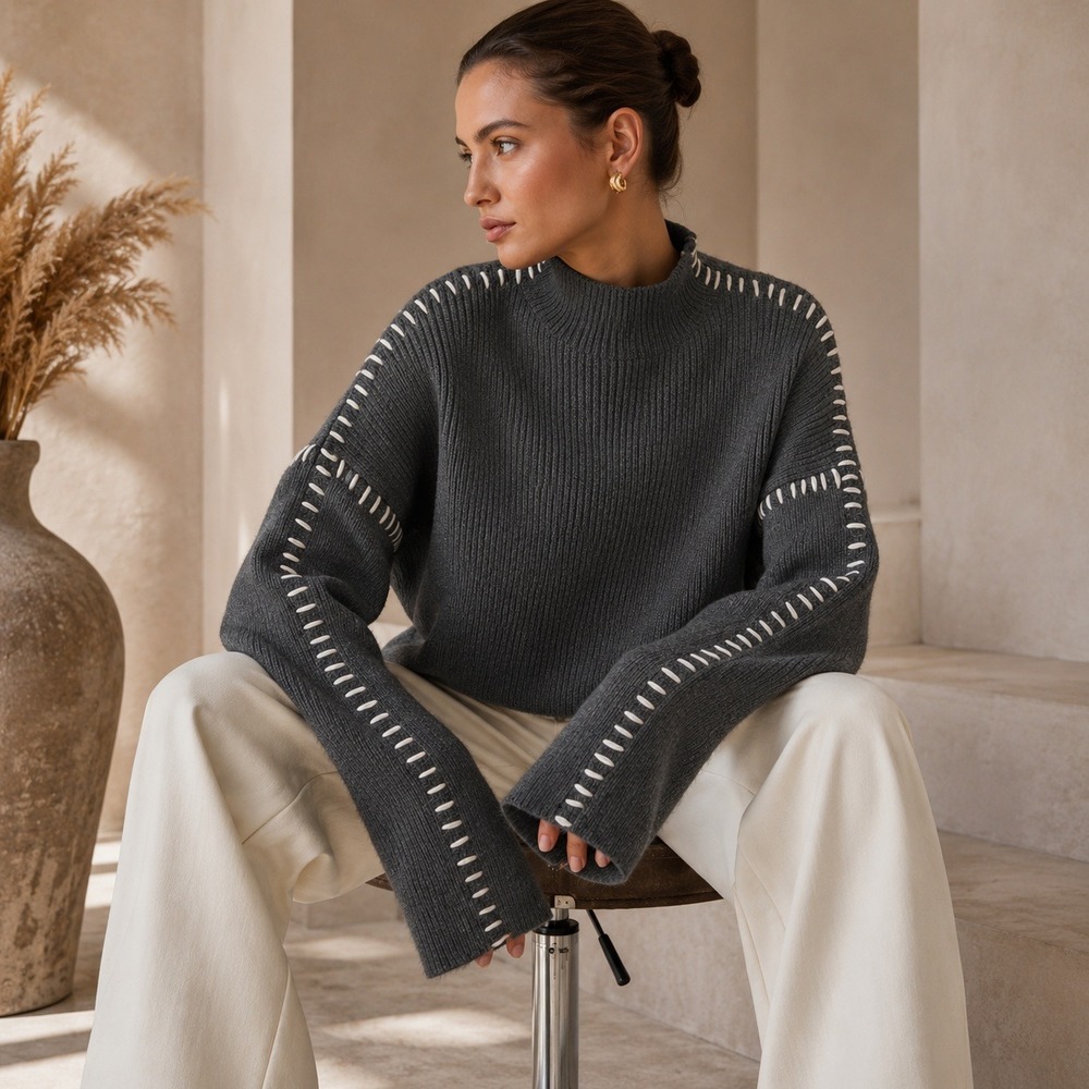 Commense Oversized Gray Ribbed Contrast Stitch Mock Neck Sweater Womens XS
